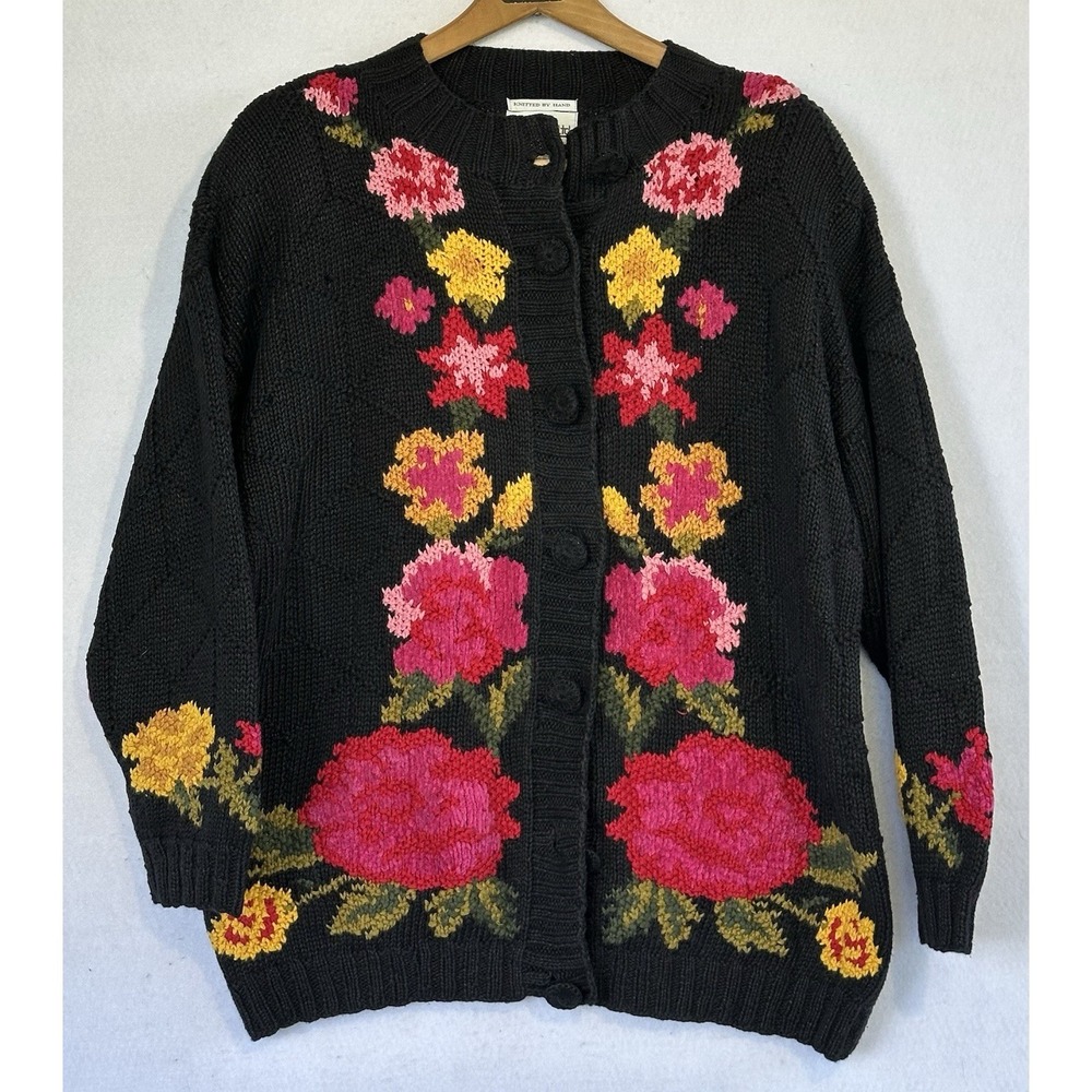 Lydia Jane Cottagecore Floral Cardigan VTG Sweater Size XS Colorful Hand Knitted